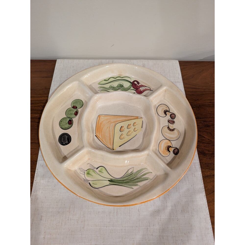 Vintage California Divided Stoneware Serving Tray Hand Painted Mid Century Era